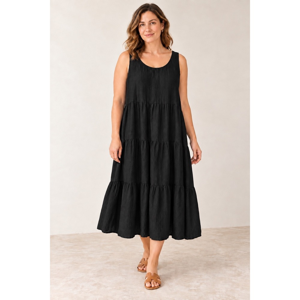 Eileen Fisher Silk Tiered Maxi Dress Black Minimalist Quiet Luxury Boho XL